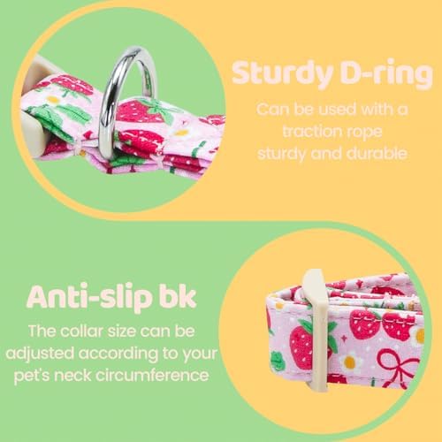 Dog Collars, Spring Red Strawberry Print Cotton Collar Pink Adjustable Light Plastic Buckle Collar with Bow Pet Collar Gift for Large Dogs