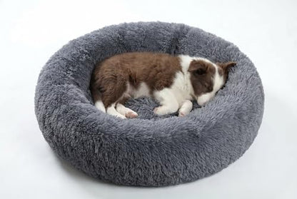 SAVFOX 23 inches Calming Donut Dog Bed - 3X Durable Plush Faux Fur, Machine Washable & Non-Slip, Fits up to 25 lbs, Dark Grey
