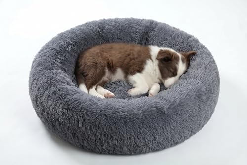 SAVFOX 23 inches Calming Donut Dog Bed - 3X Durable Plush Faux Fur, Machine Washable & Non-Slip, Fits up to 25 lbs, Dark Grey