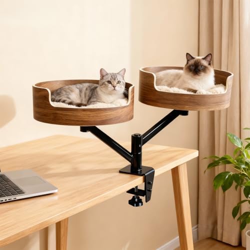 Double Cat Desk Bed with 2 Pet Mat ，360° Rotation ，Walnut Wood Finish，Space-Saving Perch Adjustable Cat Bed Desk Easy Install - Suitable for Indoor Furniture for Office & Game Tables