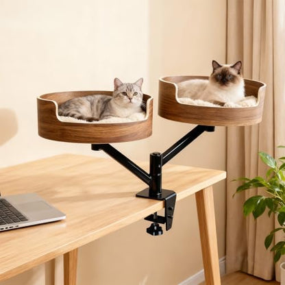 Double Cat Desk Bed with 2 Pet Mat ，360° Rotation ，Walnut Wood Finish，Space-Saving Perch Adjustable Cat Bed Desk Easy Install - Suitable for Indoor Furniture for Office & Game Tables