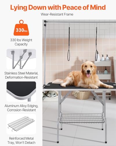 VEVOR Pet Grooming Table, 46 Inch Grooming Station with 2 Height Adjustable Arms, 330LBS Static Load Capacity, Foldable Dog Groom Station with No-Sit Haunch Holder with Loop, for Medium/Small Dogs