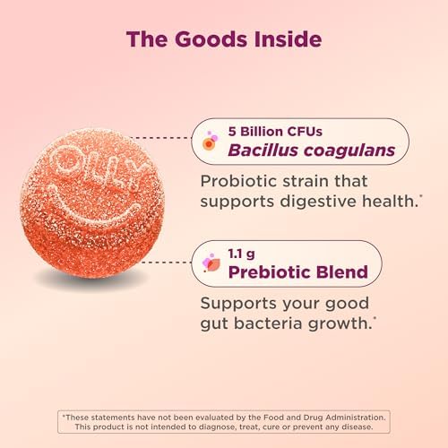 OLLY Probiotic + Prebiotic Gummy, 500 million CFUs, Peachy Peach - 60 Count
