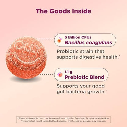 OLLY Probiotic + Prebiotic Gummy, 500 million CFUs, Peachy Peach - 60 Count