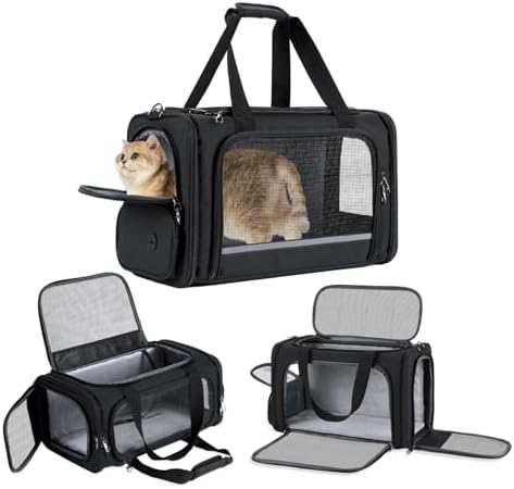 Cat Carrier Pet Travel Carrier by Airplane Approved Under Seat, TSA Airline Approved Soft-Sided Carrier Bag for Cats, Dogs, 17.5 x 8.5 x 11 Inches, Black