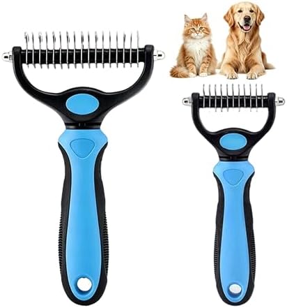 Dematting Comb for Dogs and Cats, Undercoat Rake Pet Brush for Long Hair, Deshedding Dog Brush Removes Tangles Knots and Loose Fur, Grooming Tool for Thick Coats (Blue M+L)