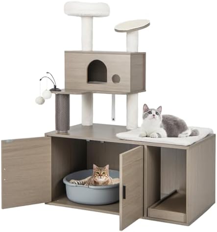 PETSITE Cat Tree with Litter Box Enclosure, 2-in-1 Modern Cat Tower with Condos, Top Perch, Sisal Posts, Scratching Board, Platform, Dangling Balls, Hidden Litter Box with Cat Tree (52 Inches Tall)