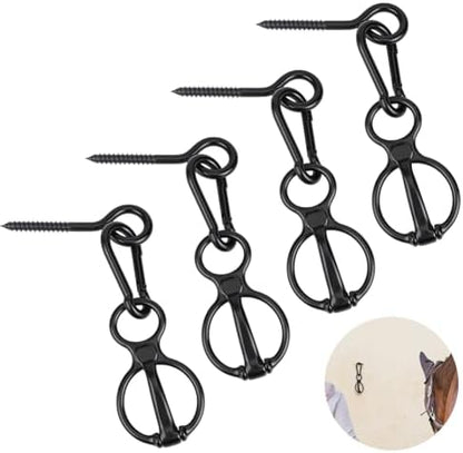 BENECREAT 4 Sets Black Horse Tie Ring, Alloy Horse Tack and Supplies, Horses Restraint Ring with Eye Bolt and Snaps Saddle for Stables Barn Carriages Outdoor Pasture Trail Show Grounds Feeding Area