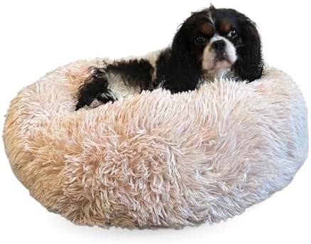 Active Pets Premium Small Donut Dog Bed, Fits Up to 45 lbs, Machine Washable Cushion, Plush Long Pile Faux Fur Fabric, Portable Beige Pet Bed Furniture for Puppies Adult Canines & Cats