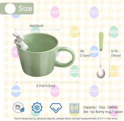 BigNoseDeer Cute Easter Bunny Mugs with 3D Rabbit Inside Kawaii Ceramic Rabbit Coffee Mug with Spoon Cute Gifts Easter Gifts Gag Gifts for Women White Elephant Gifts for Adults 12oz (Green)
