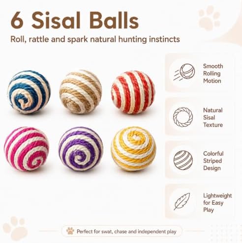 Cat Toys for Indoor Cats, 6 Sisal Balls & 24 Colorful Springs