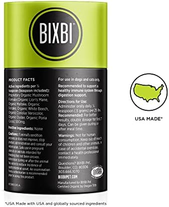 BIXBI Dog & Cat Clean Digestion Support, 2.12 oz (60 g) - All Natural Organic Pet Superfood - Daily Mushroom Powder Supplement - USA Grown & USA Made - Veterinarian Recommended for Dogs & Cats