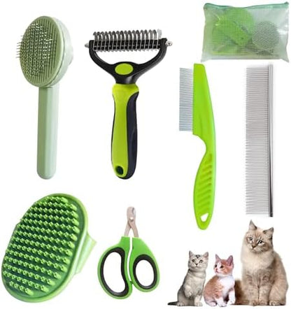 Cat Grooming Brush Kit 6 Tools - Deshedding & Dematting for Long/Short Hair, Self-Cleaning Slicker Brush with 6-in-1 Flea Comb for Cats & Kittens (Green)