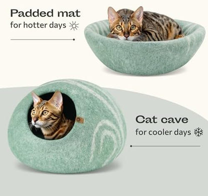 MEOWFIA Cat Cave - Merino Wool Bed for Indoor Cats (Pistachio, Medium)