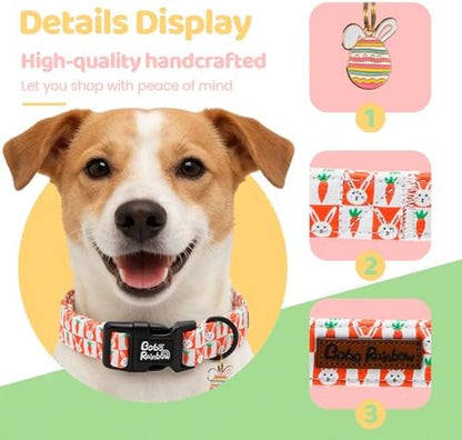 Dog Collars, Easter Orange Carrot Rabbit Print Pet Collar Holiday Cute Durable Adjustable Pendant Gift Collar with Quick Release Plastic Buckle for Large Dogs