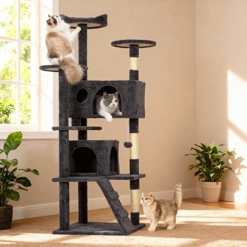 BestOffice 62 Inch Cat Tree, Multi-Level Cat Tower with Condo, Perches, Sisal Scratching Posts, Climbing Ladder,Indoor Activity Center Play House for Kittens & Adult Cats, Dark Gray