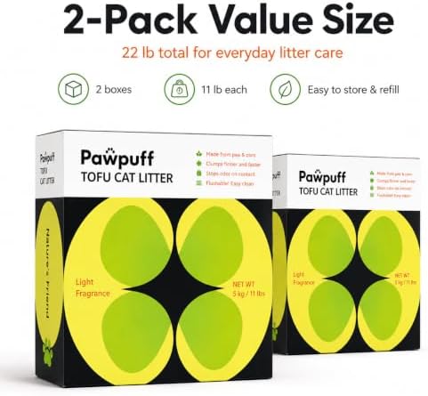 Clumping Cat Litter Tofu, Low Dust Fast Clumping Low Tracking Light Milk Scent Flushable, Plant-Based Pea Fiber & Corn Starchin Small Amounts 2-Pack (11 lb Each, 22 lb Total)