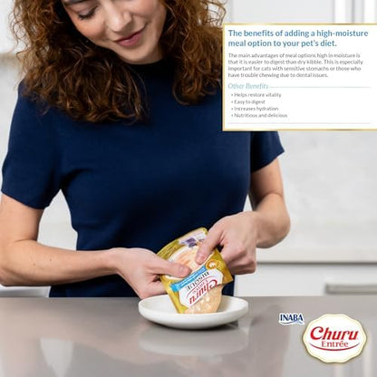 INABA Churu Entrée Bisque for Cats, High Protein & Moisture, Prebiotic Wet Cat Food, 1.76oz. per Serving, 48 Pouches, Chicken Recipe