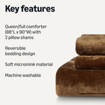 Amazon Basics Reversible Sherpa Comforter Set with Pillow Sham, Soft Micromink and White Faux Sherpa Fleece, Queen/Full, Brown