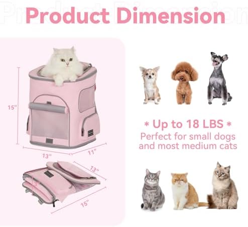 PETSFIT Pet Carrier Backpack with Upgraded Waist Protection, Cat Carrier Backpack Designed for Small Dogs/Cats, Fully Ventilated Collapsible Dog Backpack for Outdoor Traveling Hiking Camping, Pink