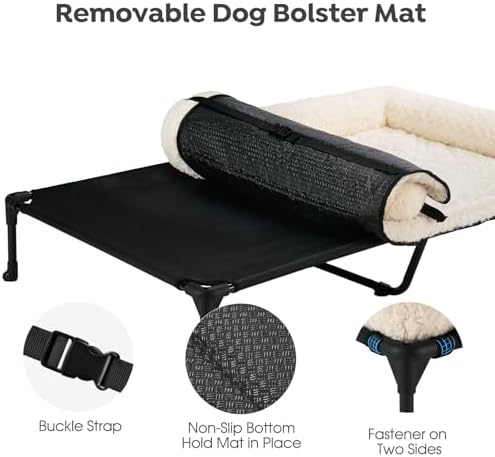 Veehoo Orthopedic Elevated Dog Bed Add Removable Deluxe Rose Plush Bolster Cushion Mat, 47" x 29" Washable Dog Couch Bed, Raised Pet Cot with Breathable Teslin Mesh, No-Slip Feet, White, CWC2439B