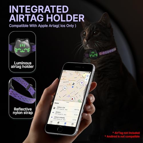 AirTag Cat Collar, Reflective Breakaway Collar, Hidden Holder with Bell