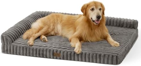 COZY KISS Faux Rabbit Fur Extra Large Dog Bed – 48"x35" Orthopedic Foam Couch with Sides, Removable Washable Cover & Waterproof Lining, Grey