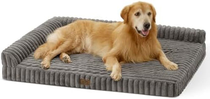COZY KISS Faux Rabbit Fur Extra Large Dog Bed – 48"x35" Orthopedic Foam Couch with Sides, Removable Washable Cover & Waterproof Lining, Grey