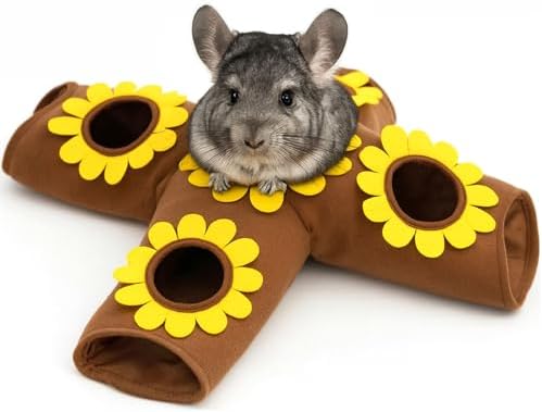Guinea Pig Hideout and Toys, 4-Way Collapsible Small Pet Tunnels and Tubes with Sunflower Peepholes for Bunny Rabbit Ferret Hamster Chinchilla Hedgehog Hiding and Resting, 26.4in Long，Brown