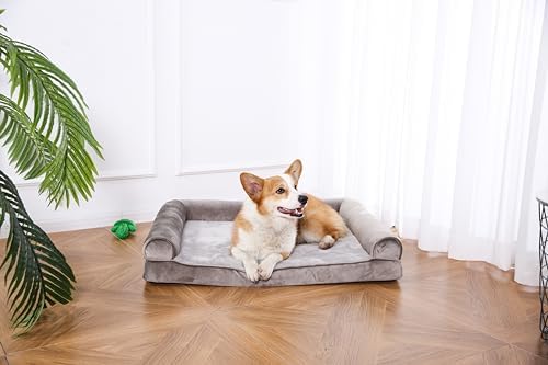 Amazon Basics Dog Bed with Premium Foam, Pressure-Relief Support for Dogs up to 55lbs, Non-Slip Bottom, Machine Washable Cover, Large Sized (36" x 27"), Taupe