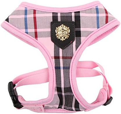 Puppia Junior Over-The-Head Dog Harness Checkered Pattern No Choke No Pull Adjustable Chest Belt Walking Training for Small and Medium Dog, Medium, Pink