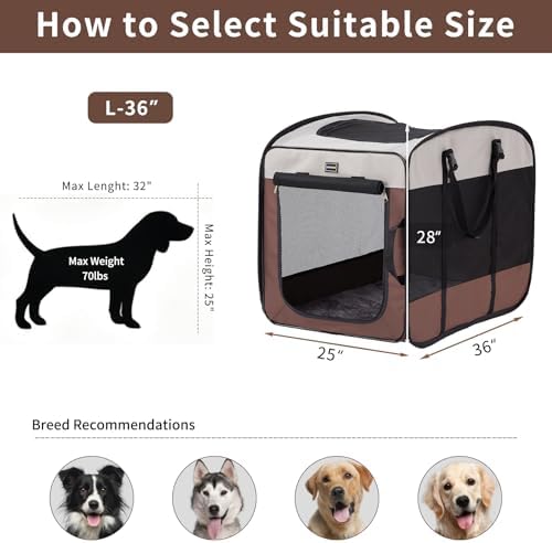 DONORO Dog Kennels and Crates for Medium Dogs, Portable Pop Up Indoor Pet Cage with Sturdy Wire Frame, Collapsible Travel Crate Soft Sided Cat Bag Escape Proof (Brown, 36.0" L x 23.0" W x 28.0" H)