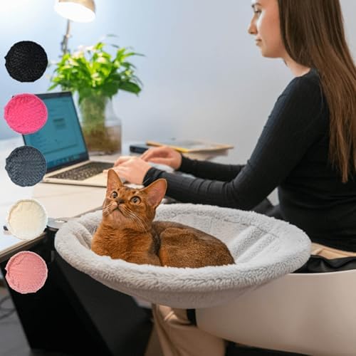 Round Cat Desk Bed, Space-Saving Elevated Pet Hammock for 40lbs Cats & Kittens, All-Season Office Workspace Cat Bed, Sturdy Desk-Mounted Seat with Washable Breathable Fabric, 360 View