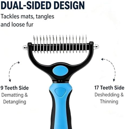 Dematting Comb for Dogs and Cats, Undercoat Pet Brush for Long Hair, Deshedding Brush for Dog Removes Tangles Knots and Loose Fur, 2-In-1 Double Tooth Comb Undercoat Rake Dog Brush