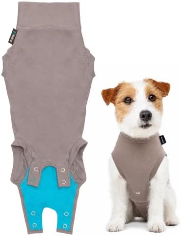 Suitical - The Original Dog Surgery Recovery Suit - Replace E-Collar & Cone - Spay, Neuter, Wounds, Prevent Licking - Small+ Neck to Tail 19.3-22.4in - Chest 25-35.5in - Weight 33-42lbs Sandstone Grey