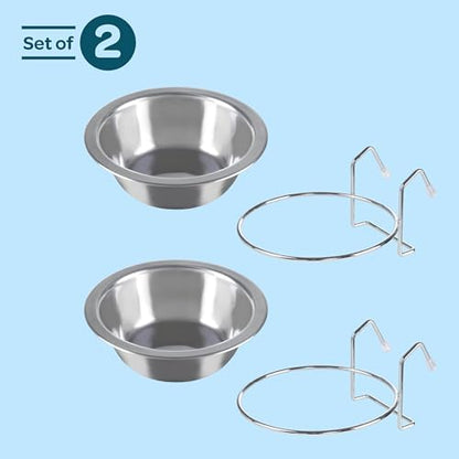 Set of 2 Stainless-Steel Dog Bowls - Cage, Kennel, and Crate Hanging Pet Bowls for Food and Water - 8oz Each and Dishwasher Safe by PETMAKER, Silver