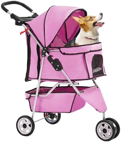 FDW | 3-Wheel Foldable Pet Stroller | Peach Pink | Lightweight & Portable