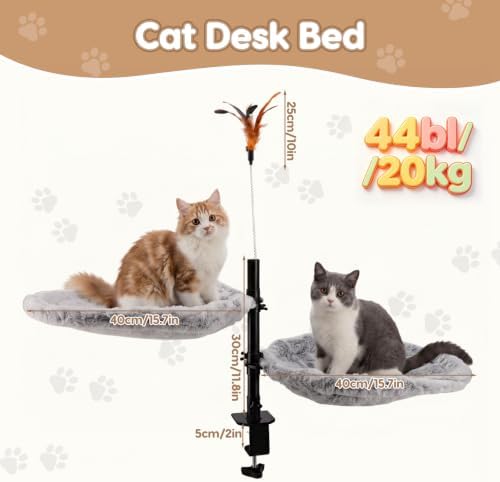 Gugxiom Double Cat Desk Bed, 360° Rotating & Adjustable Height, 4pcs 15.7in Summer/Winter Cat Mats, for Home Office Cats Small Pet, Supports up to 44 lbs