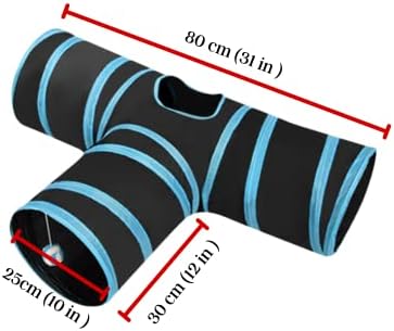 SunGrow 3-Way Ferret & Rabbit Tunnel, Bunny Hideout Activity Tube with Peep Hole and Crinkle Ball, Accessories for Hiding, Resting for Dwarf Rabbits Bunny Kitty Guinea Pig, Turquoise and Black
