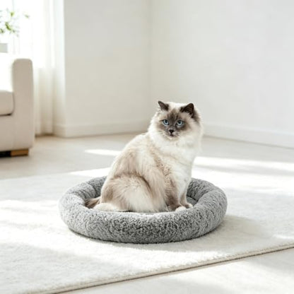Cat Bed Mat for Indoor Cats, Soft Pet Bed with Surround Pillow, Small Dogs Sleeping Self-Warming Pad, Non-Slip Cushion for Cat Tree/Crate/Window Sill, Washable, Diameter 15.75"