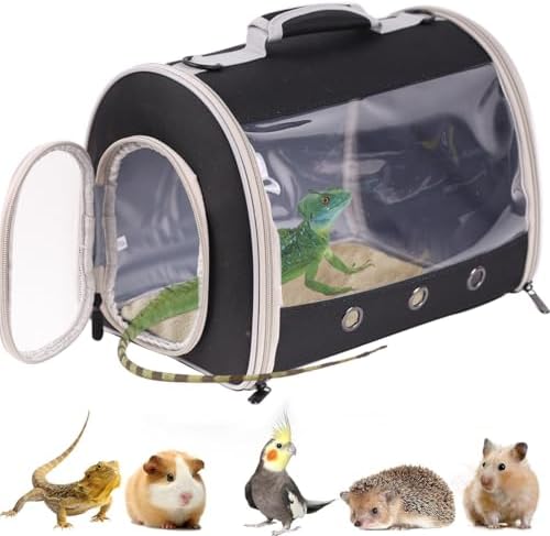 Bearded Dragon Travel Carrier Backpack,Lizard Backpack Carrier,Space Capsule Clear Bubble Window Astronaut Reptile Carrier Backpack for Guinea Pig,Sugar Glider,Bunny (Black, TPU Carrier+MAT)