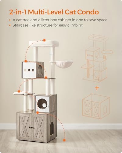 Feandrea Cat Tree with Litter Box Enclosure, 70.1-Inch Tall Cat Tower