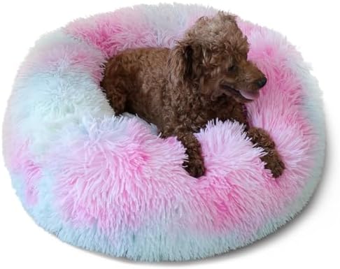 nononfish Calming Donut Beds for Small Dog Washable, 19 Inch Fluffy Round for Puppies, Cats & Toy Breeds with Raised Rim, Fits up to 15 lbs Pets, Multi Colored
