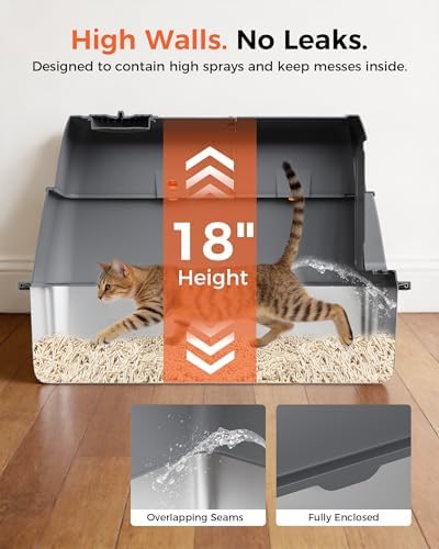 GTPLAYER XXL Stainless Steel Cat Litter Box with Lid, High Sided Enclosed Cat Litter Box, Activated Carbon Odor Control, Extra Large Metal Litter Box, Anti-Leak, with Mat & Scoop, Grey 2 Pack