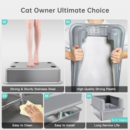 WoofiGo Enclosed Stainless Steel Cat Litter Box with Lid, XL Extra Large Litter Box for Big Cats, Metal Litter Pan High Sided, Never Absorbs Odors, Anti-Urine Leakage, Include Scoop (SH-Light Gray)