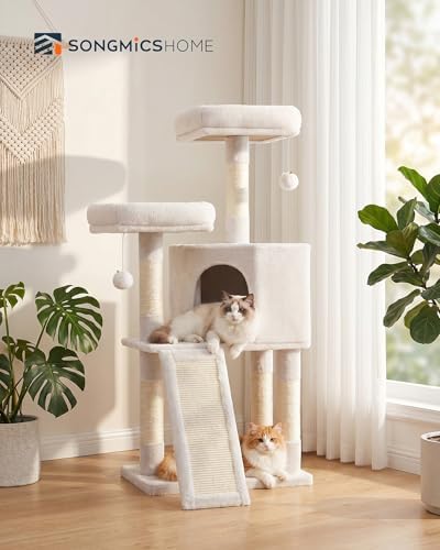 SONGMICS HOME Cat Tree, Cat Tower with Cat Cave, Scratching Ramp, Sisal Scratching Posts, Multi-Level Cat Condo for Indoor Cats, White