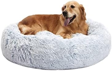 Bedfolks Calming Fluffy Donut Dog Bed for Large Dogs,Light Blue, 36" Round