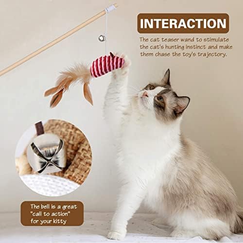 3-Pack Cat Wand Toys, 16-Inch Natural Wooden Teaser Wand with 5 Silvervine Sticks, Interactive Feather Wand for Indoor Cats