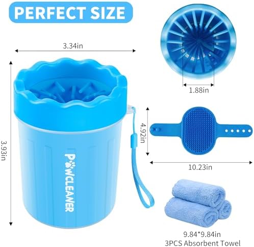 Professional 7 in 1 Dog Paw Cleaner for Dogs & Cats - Includes 1 Portable Paw Washer, 1 Bath Brush, 2 Dog Toothbrushes and 3 Absorbent Towels Note: Fits Paws up to 2 Inches Wide (Small, Blue)