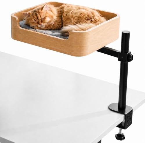 3-in-1 Cat Desk Bed, Cat Window Hammock & Elevated Floor Bed – Wooden Window Perch & Seat, American Oak Finish, 2 Plush Mats, Holds 28 lbs